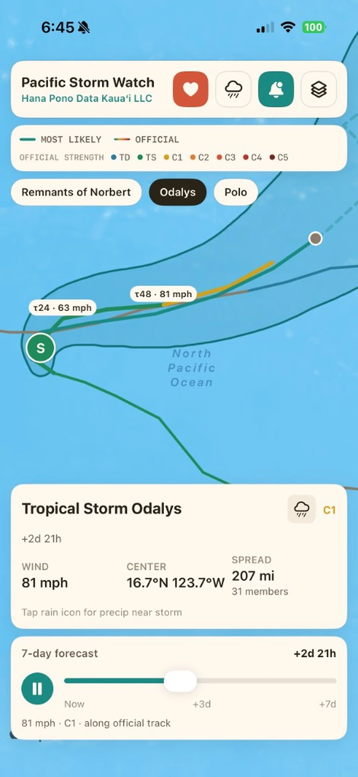 Storm map with the forecast cone, the official track and the most-likely path for a tropical storm, plus wind, center and ensemble spread in the storm card.