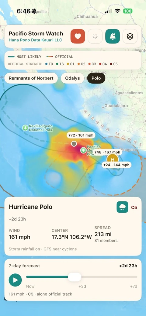 Hurricane view with the forecast cone, timed track points and the storm-rainfall layer near the cyclone turned on.