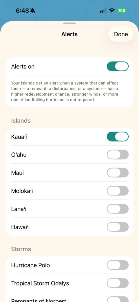 Alerts settings: turn on alerts and choose which islands and storms to follow.